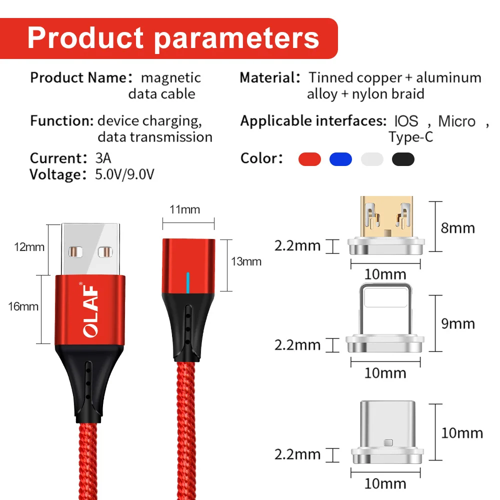 Магнитный двухсторонний кабель OLAF 3A Micro USB Тип C шнур для зарядного устройства Iphone