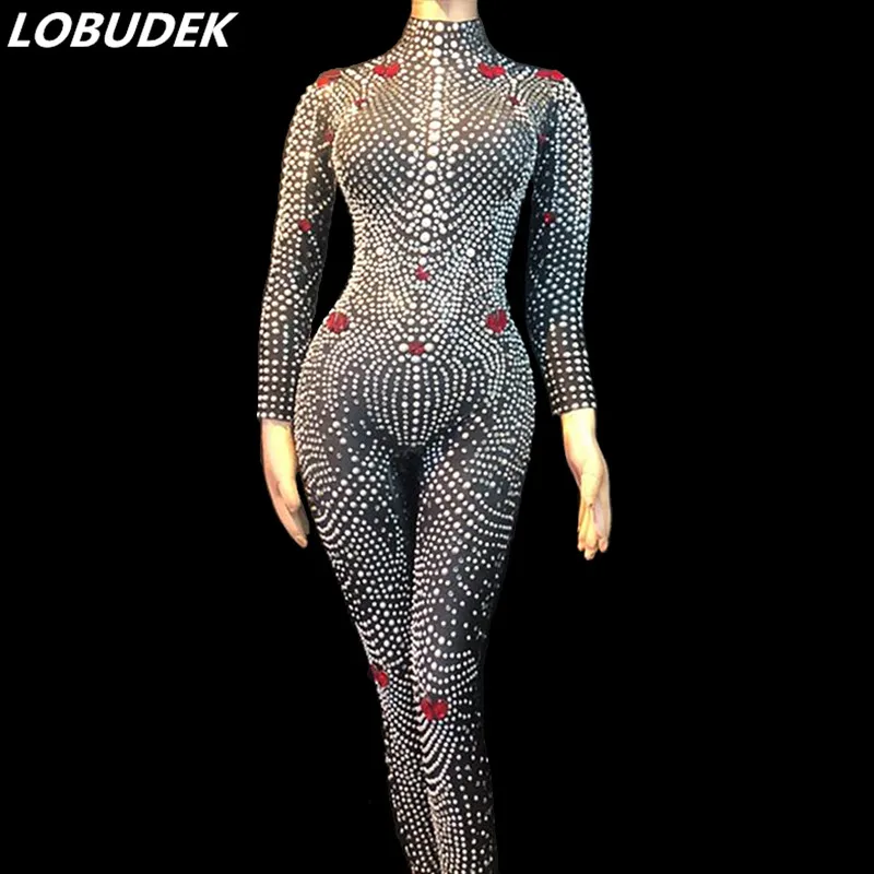 Black Pearl Rhinestones Jumpsuit Sexy Stretch Leotard Crystals Rompers Party Celebration Outfit Lady Singer Dancer Stage Wears