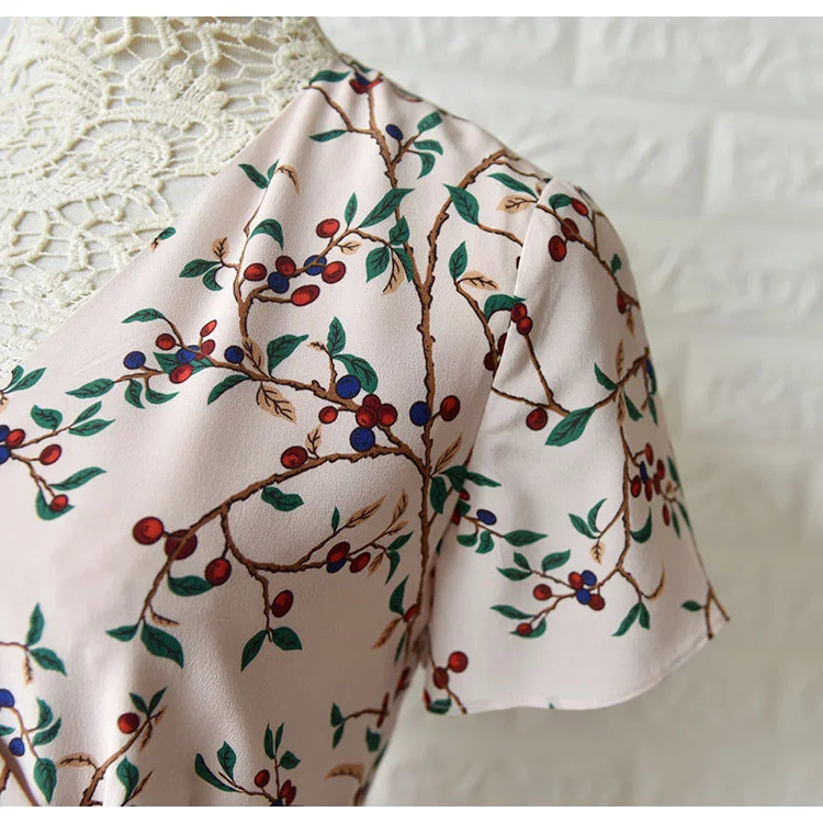 

Apricot Cherry Print Silk Midi Summer Warp Dresses V Neck Short Sleeve Tunic vestidos Sweet Cute High Quality Ladies za sukienka