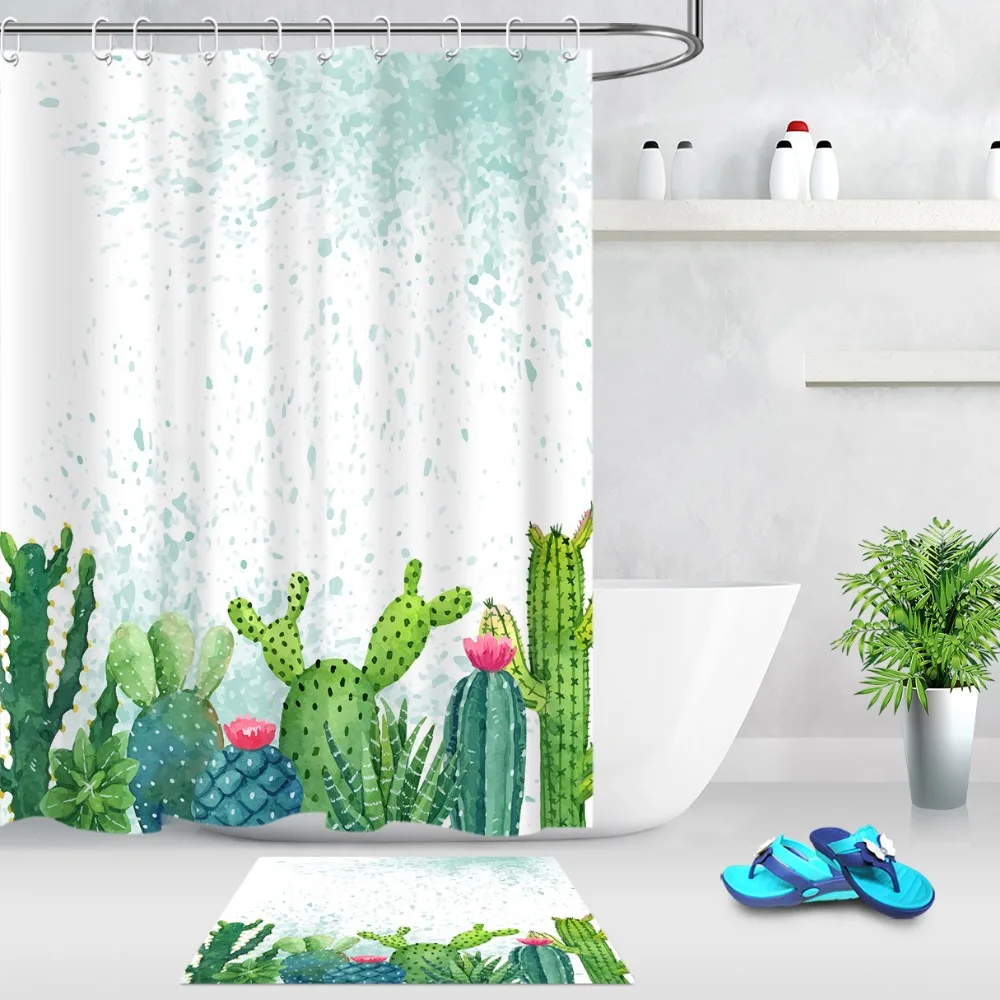 Занавеска для душа с акварельными рисунками зеленых кактусов и милых розовых
