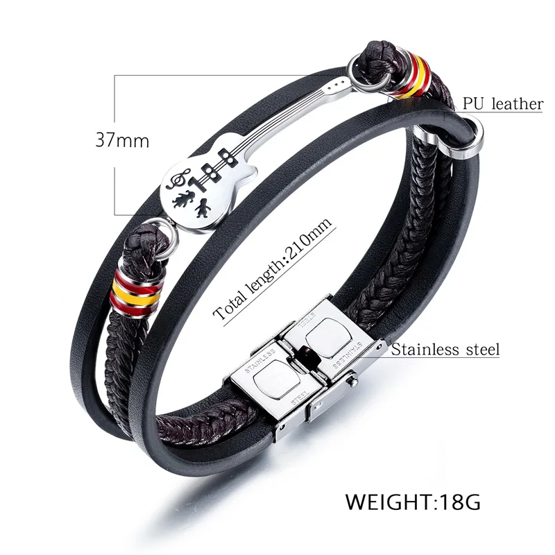 V.YA New Style Guitar Black Bracelet For Male Stainless Steel Braided Multilayers PU Leather Adjustable Bangle Men | Украшения и