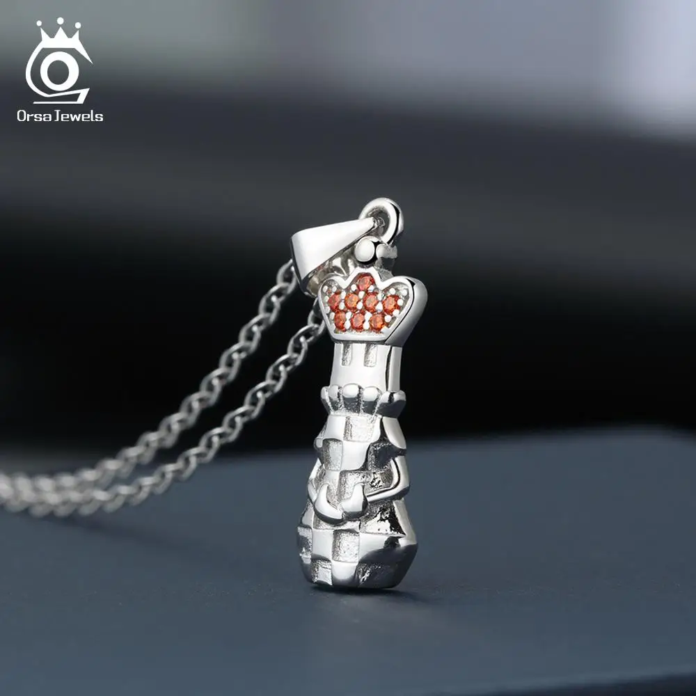 ORSA JEWELS Стерлинговое Серебро 925 женское ожерелье s Красный AAA циркон шахматы маленькая Мужская подвеска серебро прекрасное ювелирное ожерелье OSN131