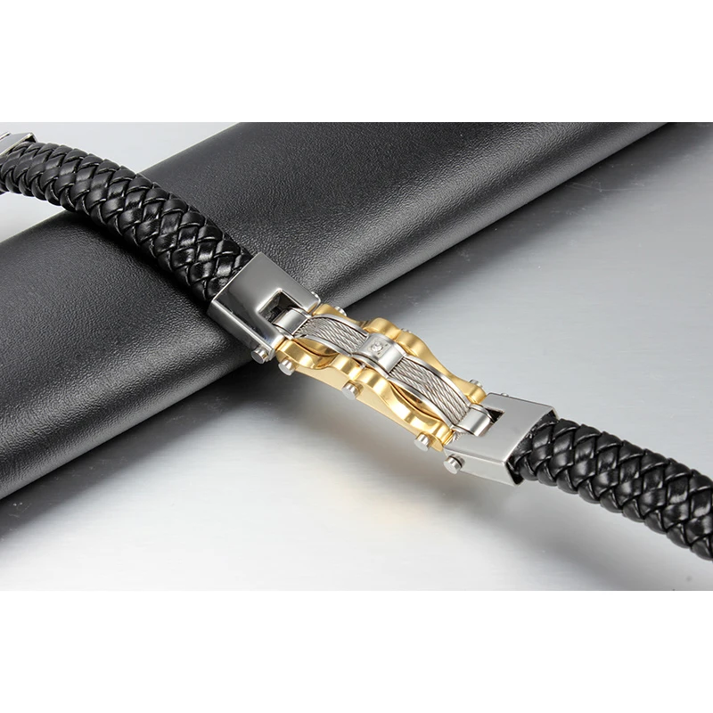 XUANPAI Gold-Color Stainless Steel Leather Bracelet With CZ Stone Male Retro Accessories Wia Bangles Jewelry 9&quot | Украшения и