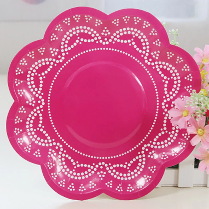 hot pink plate 12 шт., бумажные тарелки с кружевными Пастельными цветами, розовые, синие, фиолетовые бумажные тарелки, чашки, полотенца для свадьбы, дня рождения, вечеринки, принадлежности для детского душа - Цвет: hot pink plate