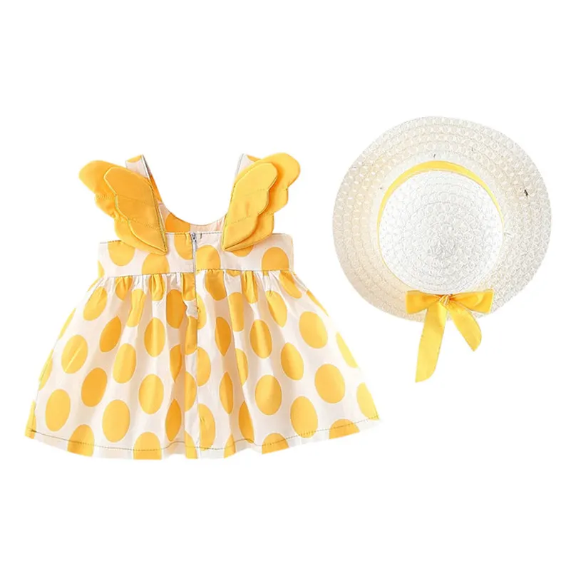 yellow Новое милое летнее платье в горошек для маленьких девочек из 2 предметов, детское праздничное платье принцессы без рукавов с цветочным рисунком для девочек, сарафан, шляпы от солнца, 4JJ - Цвет: yellow
