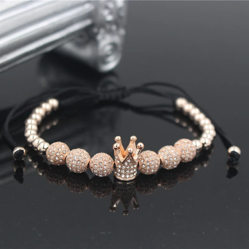 Модные мужские и женские браслеты из циркония, ювелирные изделия, кубическая микро Корона и 8 мм медный шар, очаровательное плетение из бисера, браслет