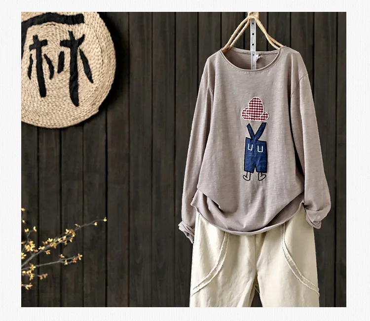 Винтаж удобный хлопок мультфильм вышивка o-образным вырезом с длинным рукавом