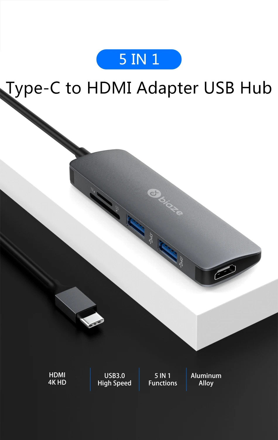 Biaze USB C концентратор type C к Мульти USB 3,0 концентратор HDMI адаптер с SD/TF кард-ридер для MacBook Pro huawei P30/P20 разветвитель usb-хаб