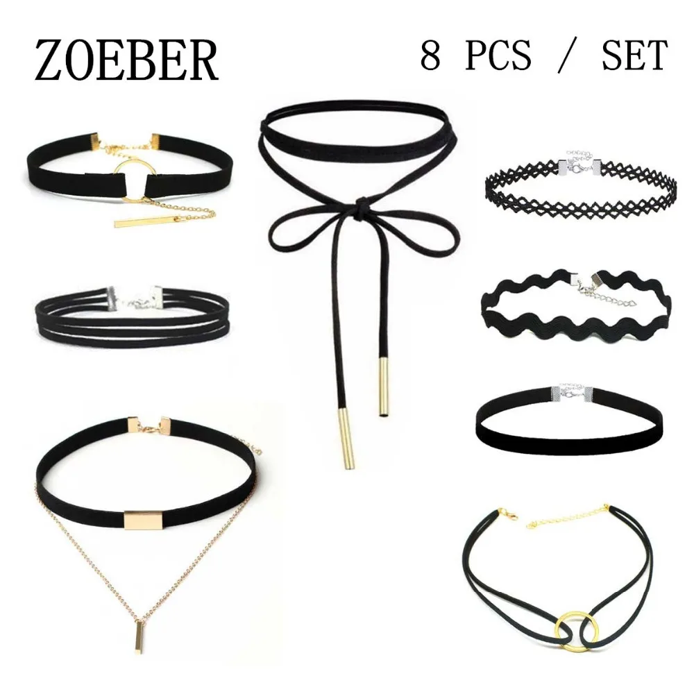 ZOEBER набор из 8 предметов, новинка, готическое кожаное колье-чокер, набор s, черное кожаное ожерелье, набор, воротник, бохо, веревка, цепочка, полые Ювелирные изделия