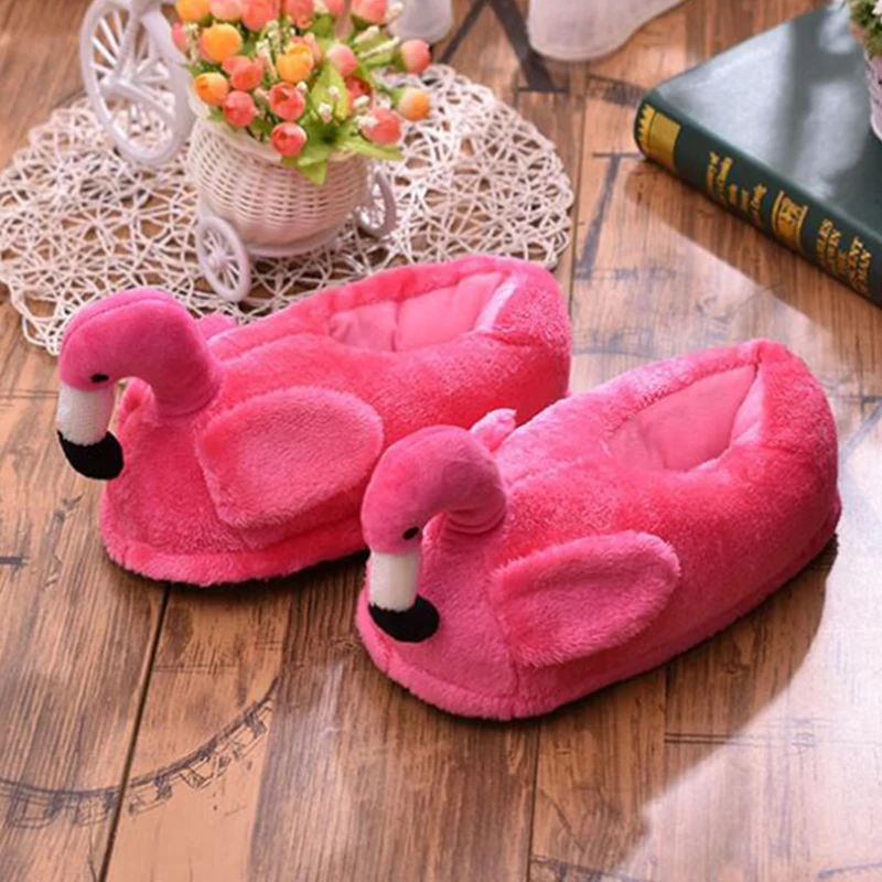 Size 35-43 High Quality Women Slippers Lovely Flamingo Animal  Solid Flat Indoor fur Shoes Winter Plush Warm Home Slippers b207