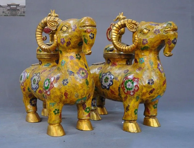 

christmas 12" Old Dynasty Bronze Cloisonne enamel gilt Sheep Phoenix Incense burner Censer New Year