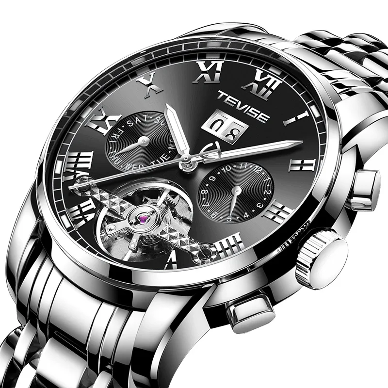 TEVISE, мужские часы, автоматические механические часы, мужские Tourbillon, водонепроницаемые часы со скелетом, мужские наручные часы, Relogio Masculino - Цвет: silver black