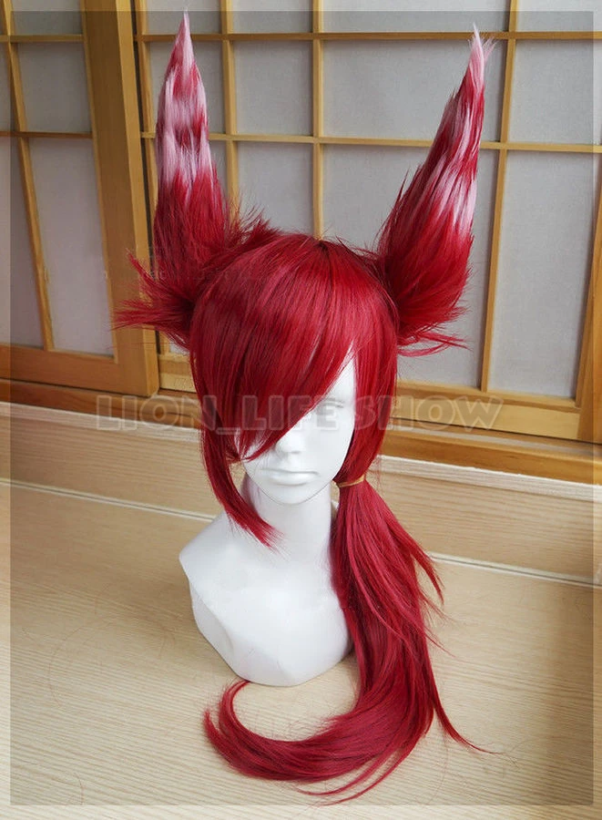Xayah Wig Ears  New 136th Champion LOL Cosplay Red Ponytail