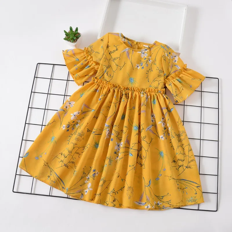 

Kids Girl Summer Dress Casual Short Sleeves Flare Sleeve Ruched Floral Print Girls Roupa Infantil Pageant sweet Sundress 3-7Y