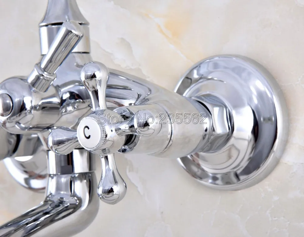 Bathroom Chrome Wall Mounted Bathtub Faucet Dual Ceramic Handle Shower Mixer Tap with Handheld Spray lna764 | Обустройство дома