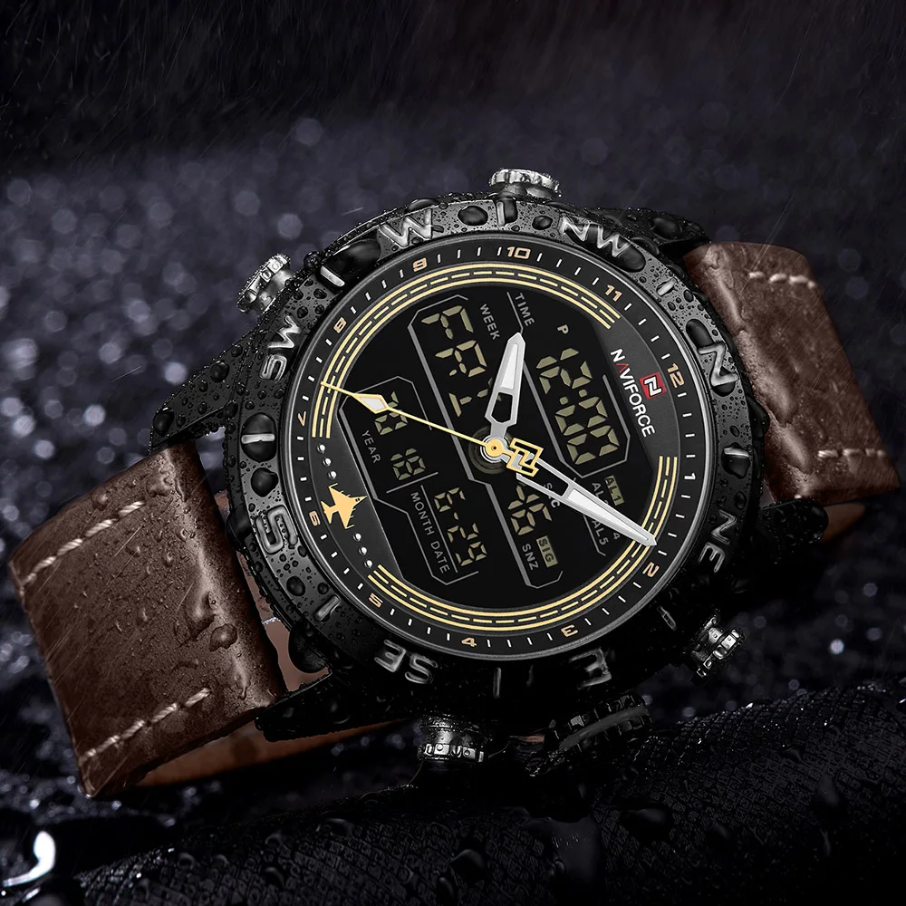 NAVIFORCE 9144 модные золотые мужские спортивные часы мужские s светодиодный аналоговые цифровые часы армейские военные кожаные кварцевые часы Relogio Masculino