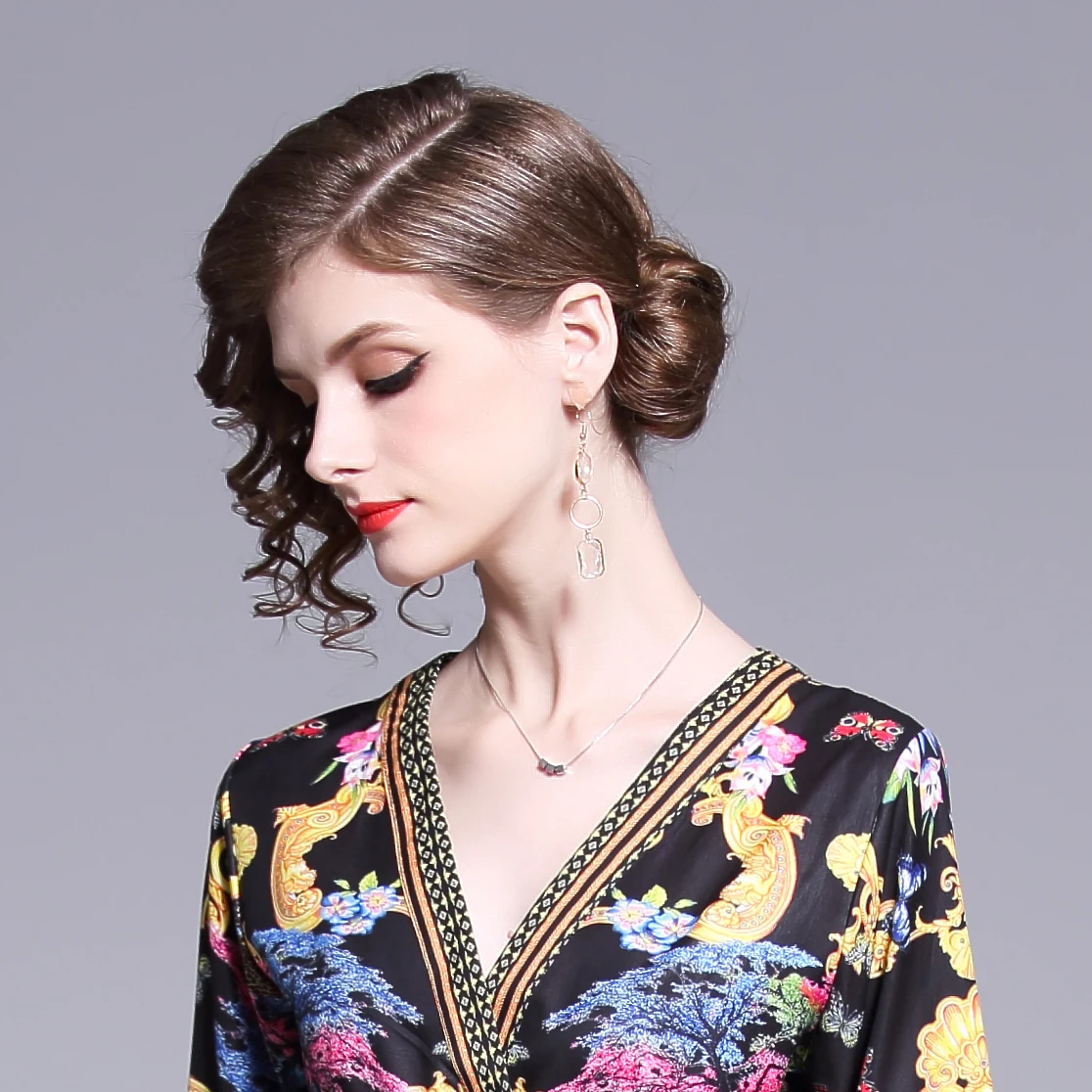 Женское платье с длинным рукавом и v образным вырезом винтажное длинное