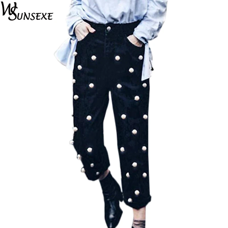 Женские джинсы с жемчужинами черные прямые свободные ковбойские брюки до