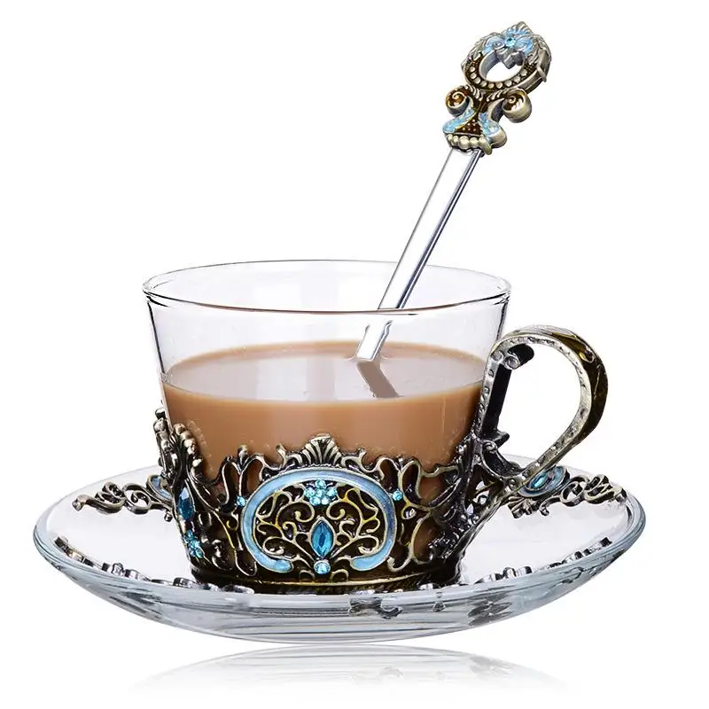 

European Luxury Enameled Crystal Glass Tea Cup Come With Spoon Tea Milk Mug Gift Box Package Wedding Gifts Transparent Teaware