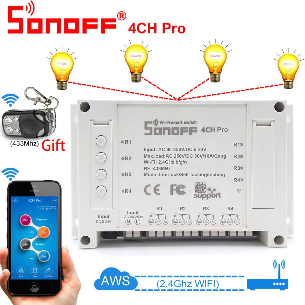 Sonoff 4CH Pro R2 Умный домашний wi fi переключатель 4 банды самоблокирующийся