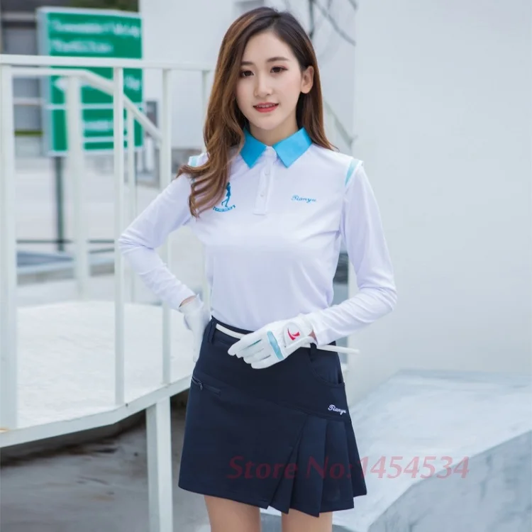 White with Sky blue Новые женские топы сезон: весна–лето футболки с длинными рукавами шить спортивной Гольф/теннис одежда трикотажные на поло футболки - Цвет: White with Sky blue