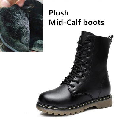 Mid-Calf Black plush Осенние детские ботинки в байкерском стиле; зимние ботинки из натуральной кожи для мальчиков и девочек; нескользящие ботинки в военном стиле; детская обувь; 03B - Цвет: Mid-Calf Black plush