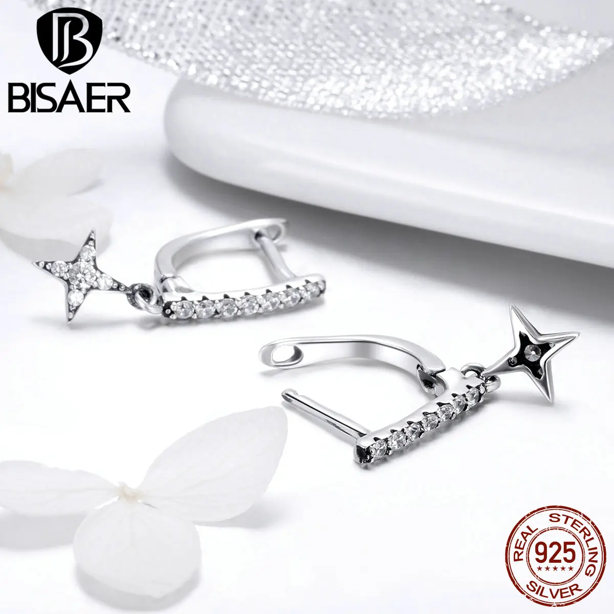 BISAER, 925 пробы, серебряные, прозрачные геометрические серьги-гвоздики с кубическим цирконием для женщин, простые модные серьги, ювелирные изделия, Brincos ECE446