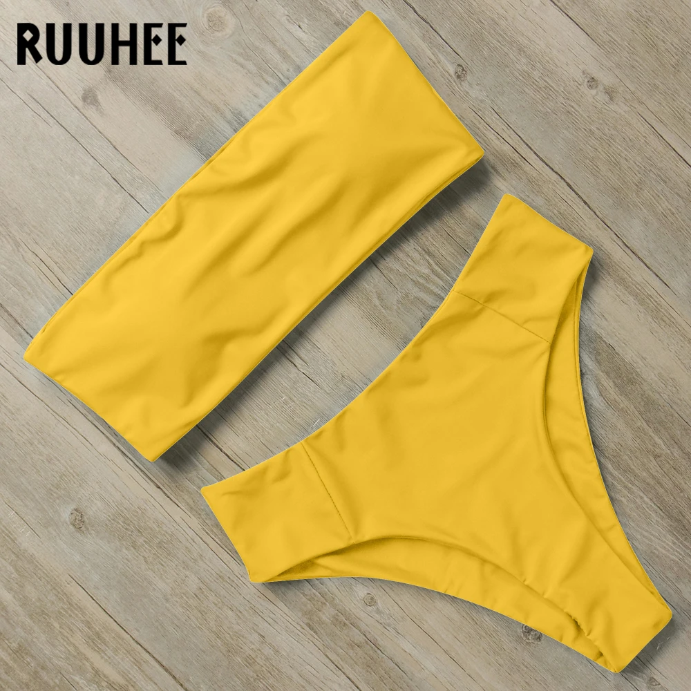 RUUHEE, Одноцветный купальник бикини, женский купальник,, комплект бикини, без бретелек, бандаж, купальный костюм, высокая талия, Женская пляжная одежда, купальник