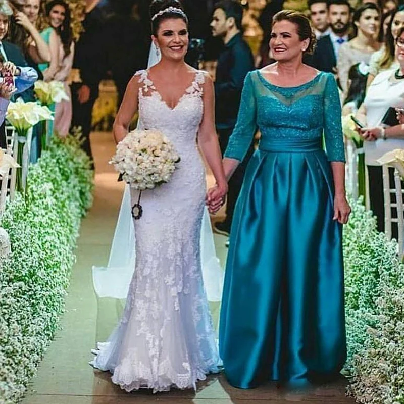 

Teal Blue A Line Mother of the Bride Dresses Scoop Neck Three Quarter Sleeve Formal Gowns Floor Length Satin Evening Dress 2019