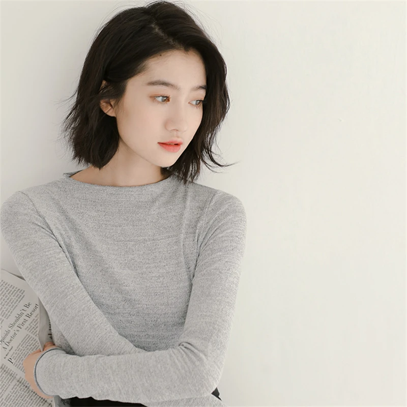 2017 Korea Harajuku BF Women T-Shirts Full Sleeve Autumn Pullover Tees Preppy Chic Winter Slim Casual Solid Color Basic |