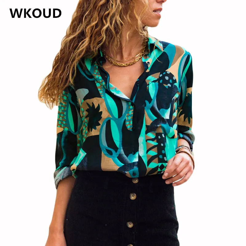 Женские рубашки WKOUD 2019 модная блузка с цифровым принтом повседневные блузки