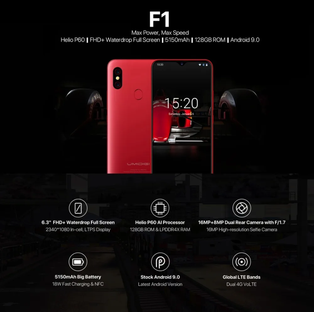 Оригинальные мобильные телефоны Umidigi F1, 4G, Android 9,0, 4 Гб ОЗУ, 128 Гб ПЗУ, восьмиядерный смартфон Helio P60, 5150 мАч, FHD+ NFC, сотовый телефон