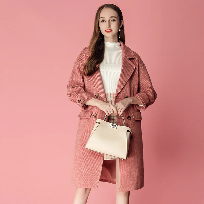 2018 autumn and winter women's new lapel double-breasted coat with a long style of temperament matching woolen | Женская одежда