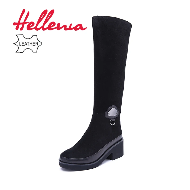 Женские сапоги из коровьей замши Hellenia черные до колена на меху теплая зимняя