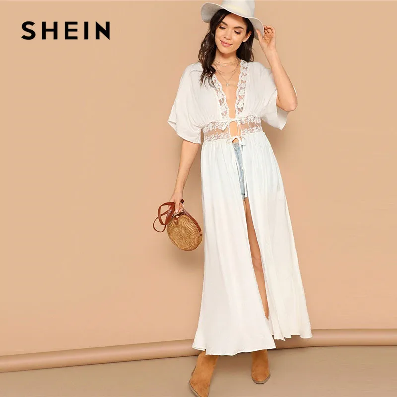 SHEIN Повседневное Кимоно С Кружевной Вставкой И Заниженной Линией Плеч Полупрозрачное Богемное Пляжное Длинное Кимоно