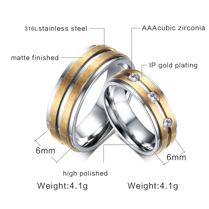 Кольца для пар женщин и мужчин золотые 3 циркониевые Кристальные кольца из