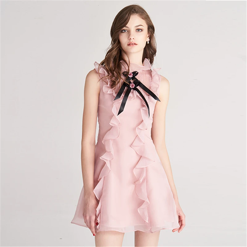Новые с милым розовым бантом Сетчатое платье Vestido Для женщин кружевное А силуэта