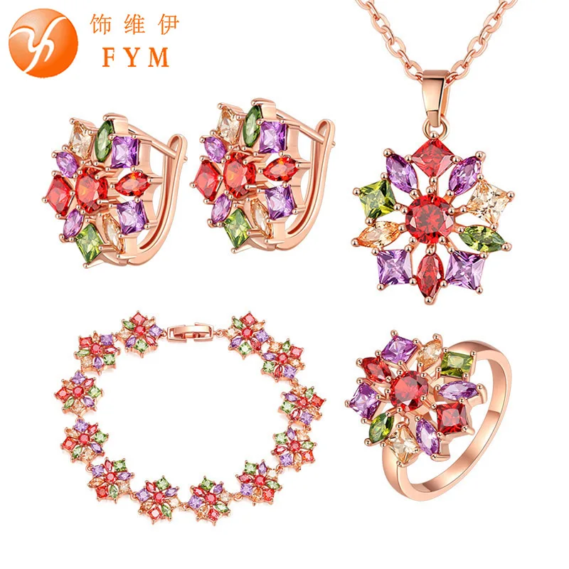 

FYM бренд 4 шт./компл., Розовый Золотой, цветной, кубический цирконий, Свадебные Ювелирные наборы для женщин, ожерелье, серьги, браслет, кольца