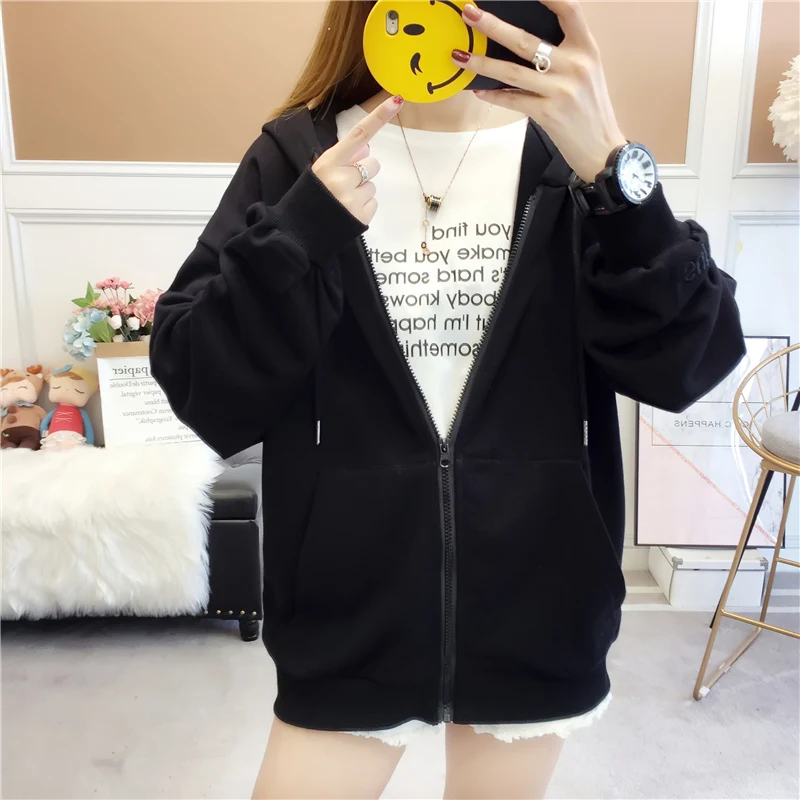 Женские толстовки Harajuku Ulzzang, милые женские пуловеры на молнии, корейский стиль, длинный рукав, с капюшоном, женские свитшоты - Цвет: black