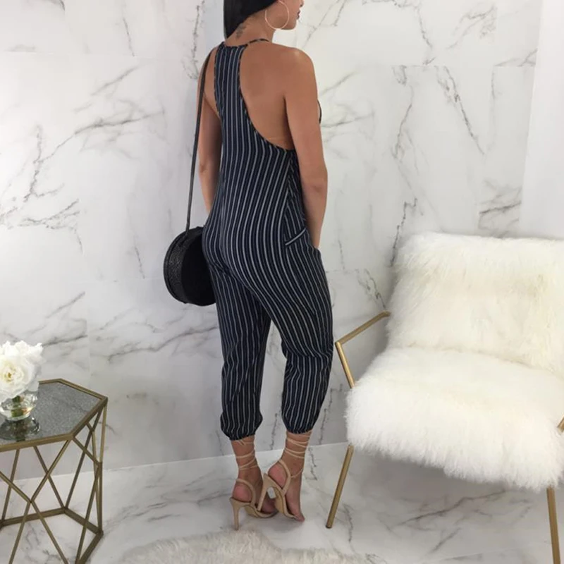 Облегающий женский комбинезон в полоску с открытой спиной модное сексуальное