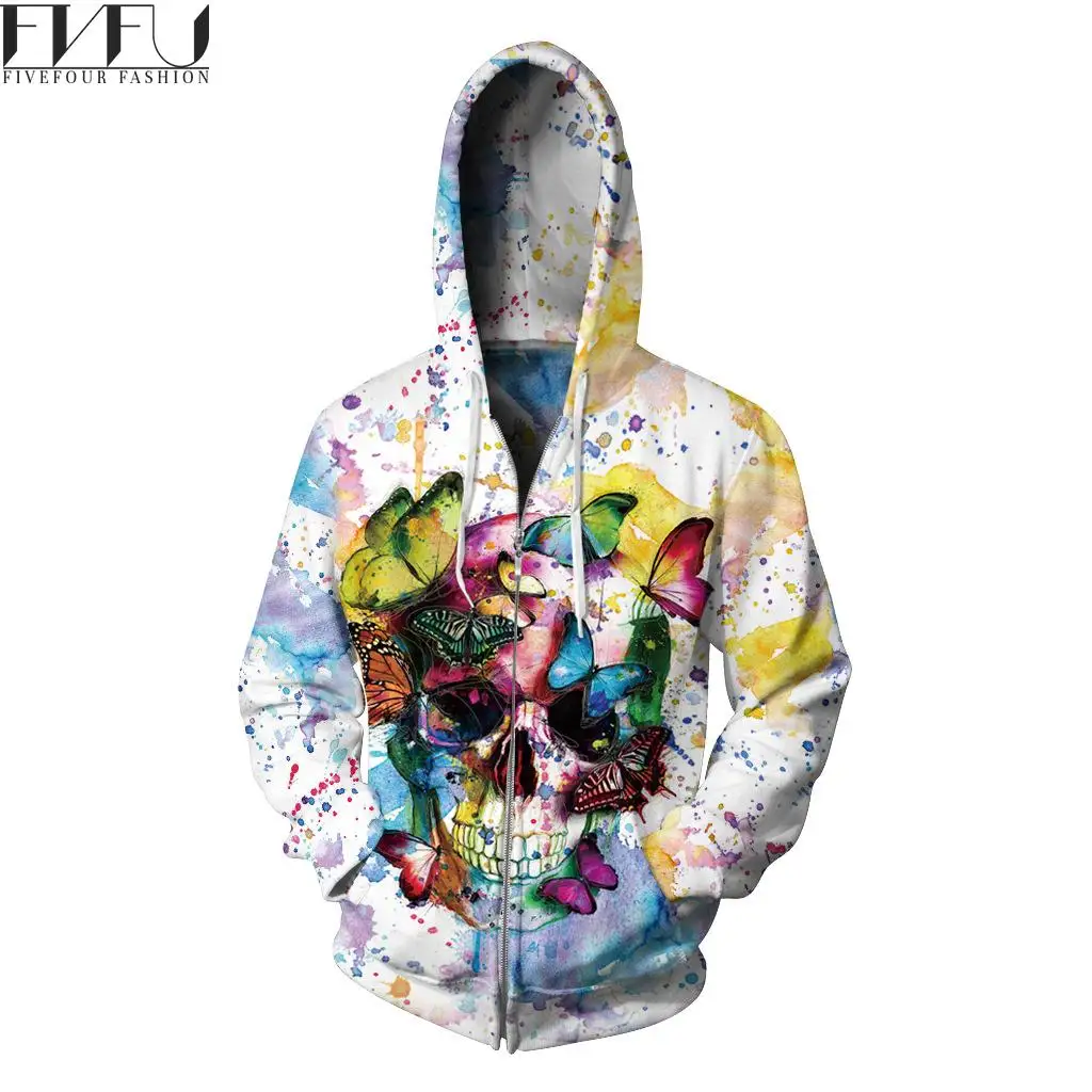 Мода 2017 3D Толстовки Для мужчин Костюмы череп с принтом бабочки Толстовка