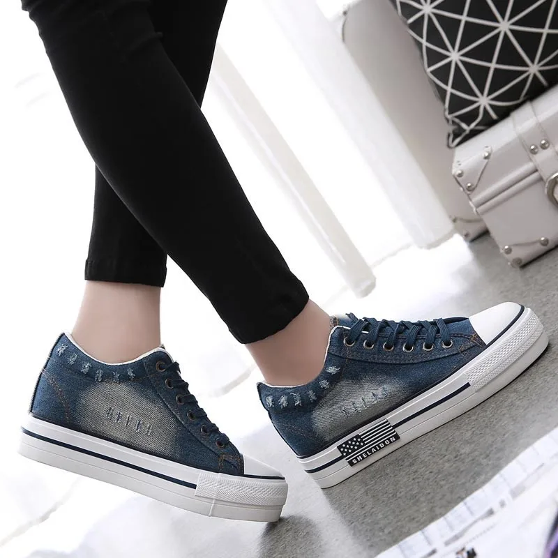 

Hidden Heel Women's Platform Sneakers Wedges Women's Vulcanize Shoes Platform Blue Denim Canvas Shoes Women Sneaker Chunky Shoes