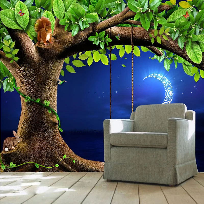Пользовательские 3D стерео мультфильм росписи обои зеленое дерево Луна Пейзаж