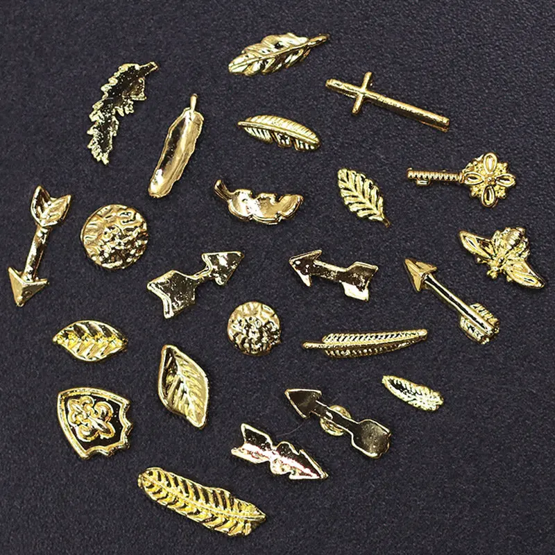 

100pcs/lot 3D Alloy Gold Feather Arrow Leaves Cross Rivets Studs Metal Manicure Nail Art Accessories DIY Nail Decoration Charms
