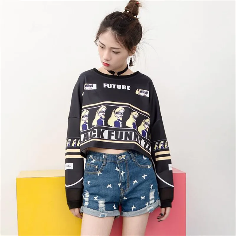 

Hiawatha Harajuku Style Blindfolded Girl Avatar Printed Crop Tops Loose Long Sleeve O-Neck Hoodies Women WY0689