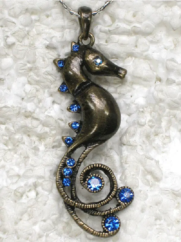 Античная бронза синяя Стразы морская лошадь модная подвеска ожерелья цепь
