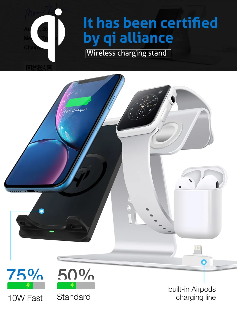 Bestand 3 в 1 Алюминиевая Подставка для Apple iPhone X/8/XS/XR зарядная станция для Airpods watch Qi быстрая Беспроводная зарядная док-станция