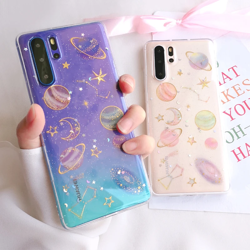 Блестящий чехол для телефона с космосом и звездами huawei p30 pro lite прозрачная Мягкая