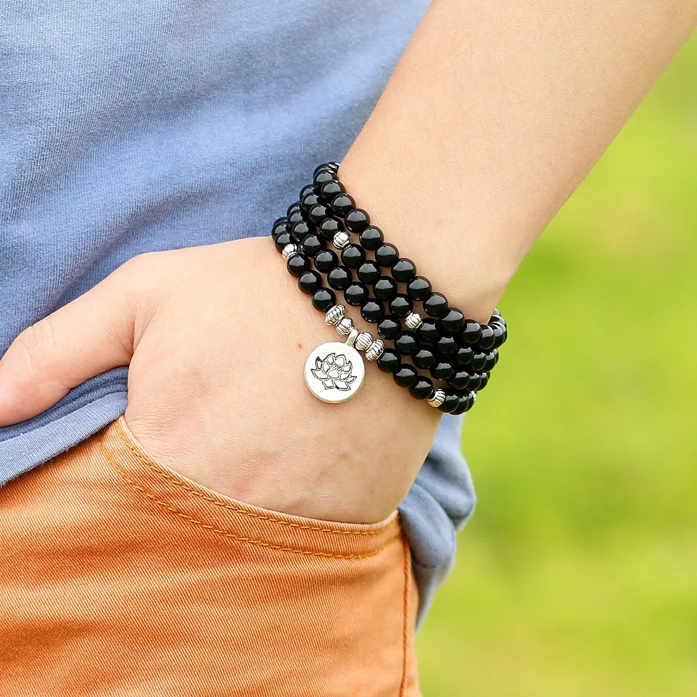 New Design Lotus Charm Pendant Elastic 108 Pcs Mala Bright Black Onyx Stone Bead Bracelet Men Women Jewelry | Украшения и