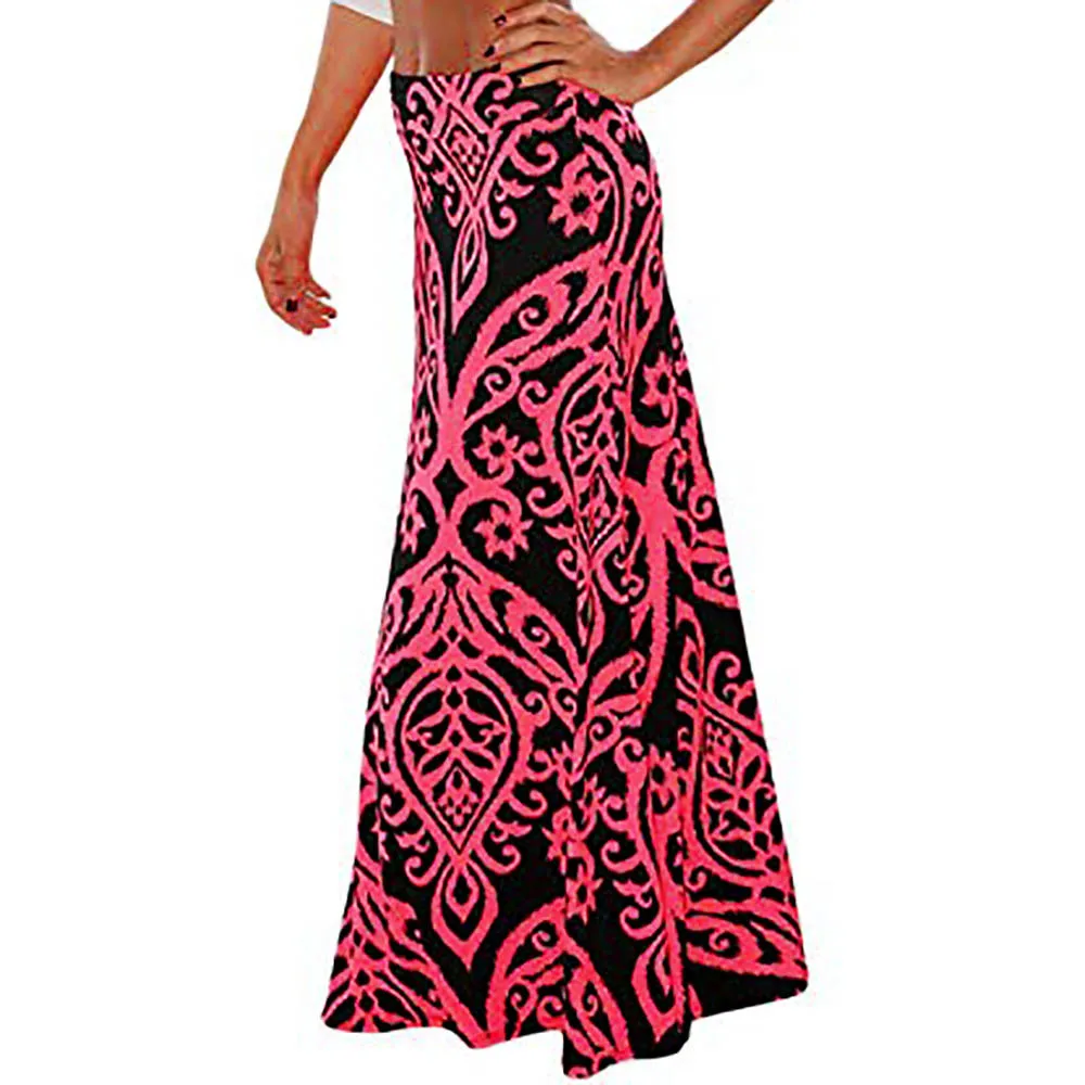 Ladies Printed Empire Floor-Length Skirt Fashion Womens Vintage Casual Coral Print High Waist Skater Skirt Long Maxi Skirt#C